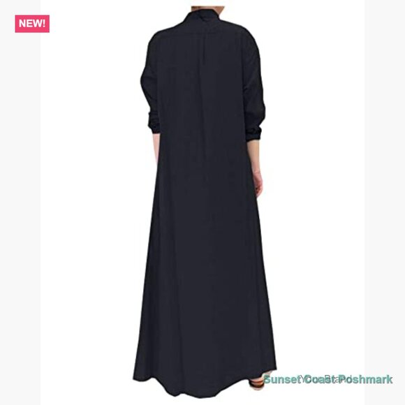 Button Down Cotton Linen Maxi Shirtdress Long Sleeve Casual Beach Dress - Picture 2 of 7